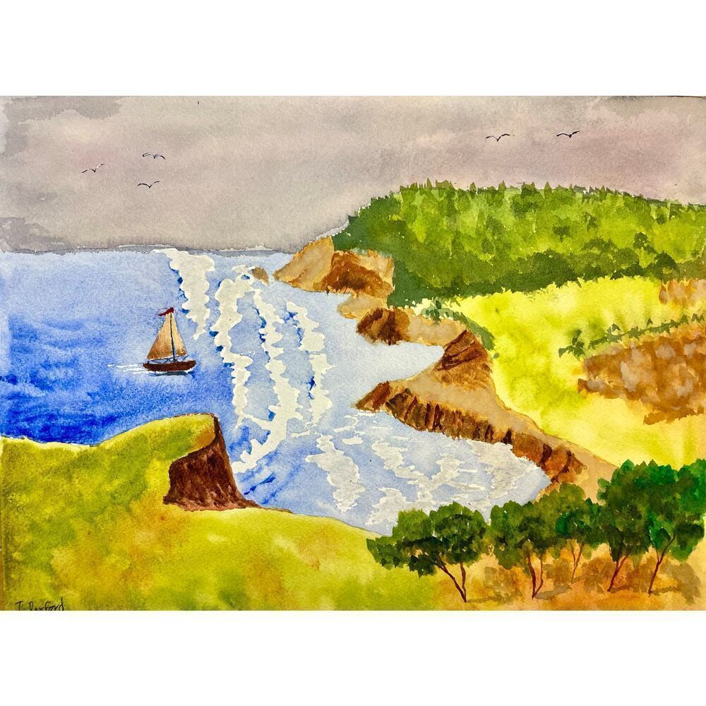 Hand painted watercolor painting seaside sailboat
